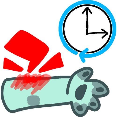  a light blue arm with blue finger tips as well as paw pads facing up. On the top of the arm is a red blotch surrounded by red triangles and lightning bolts to represent pain. In the top right corner is a white clock with black arrow hands surrounded by a blue arrow going around the clock in a circle.